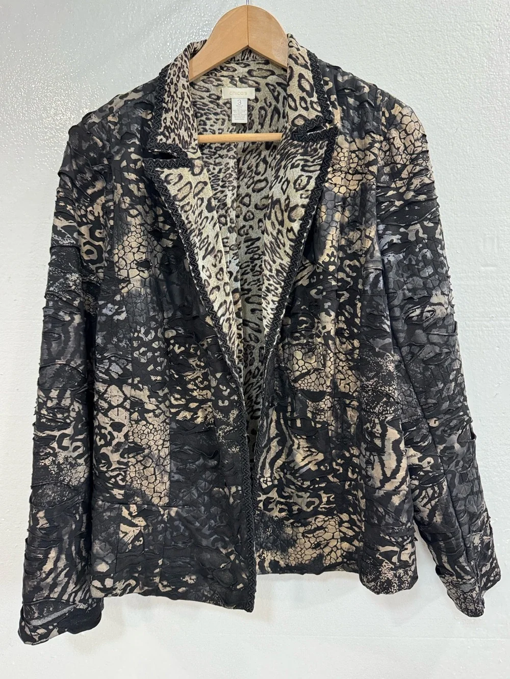 Chico's XL Black Gold Open-Front Blazer Braided Trim Animal LS Jacket